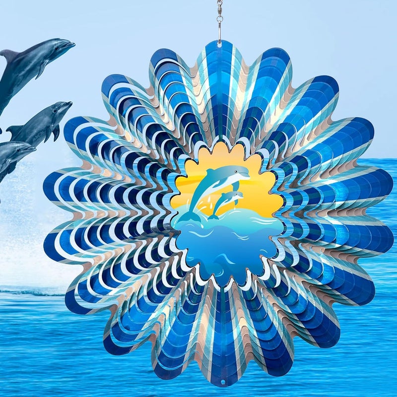 Eiryhope Animated Dolphin Wind Spinner | 3D Holographic Stainless Steel Kinetic Wind Spinners, Magical Dolphins Leaping Illusion, Outdoor Yard Art Garden Decor, Gift for Ocean Lover - Image 1